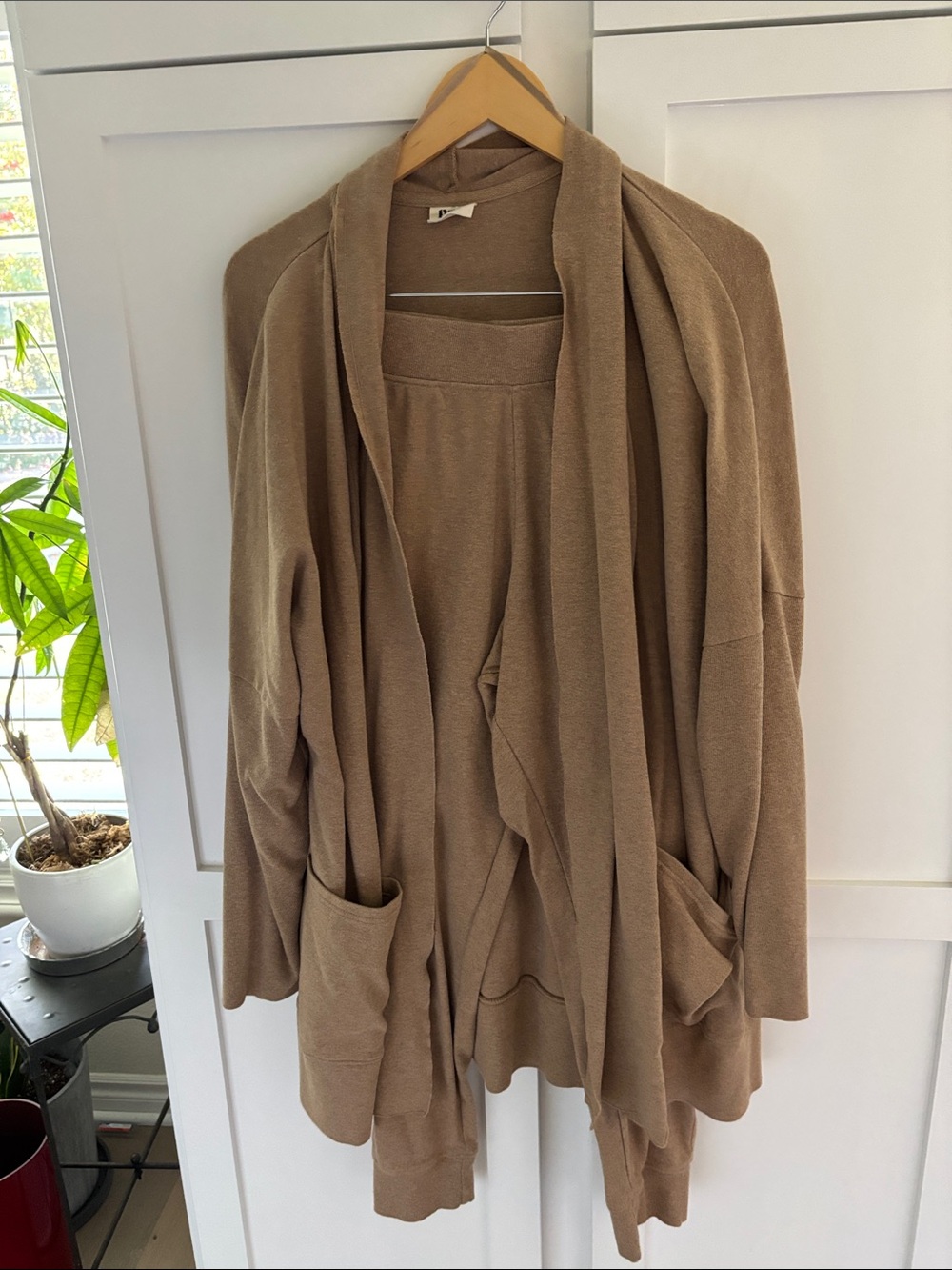 Pact 100% Organic Cotton Women's Airplane Cardigan and joggers in Camel